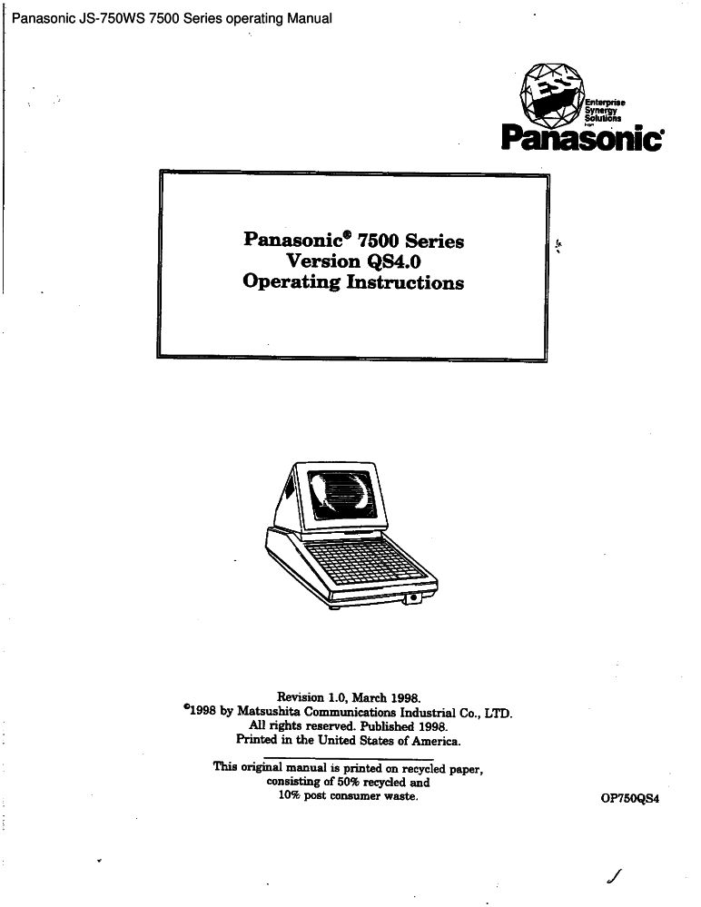 Panasonic JS-750WS 7500 Series operating manual PDF - The Checkout Tech -  Store